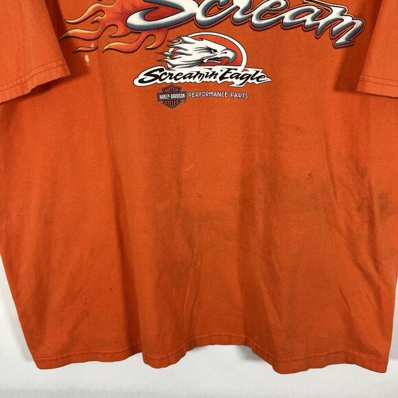 VTG 2001 Harley Davidson T Shirt Men XL Orange TNT Quincy IL Double Sided STAINS - Picture 8 of 15